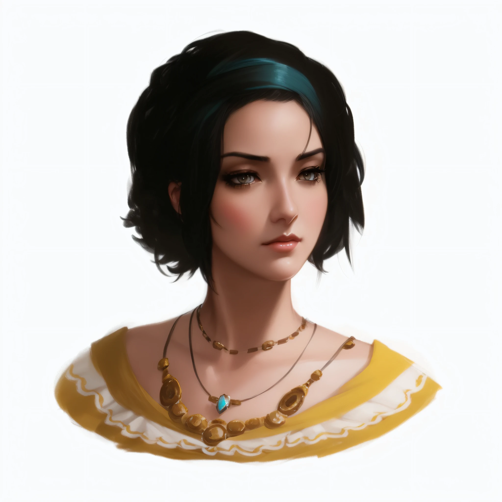 a close up of a woman with black hair and a necklace on her neck, detailed character portrait, painted character portrait, digital character painting, character art portrait, character concept art portrait, character concept portrait, charlie bowater character art, rpg portrait concept art, artwork in the style of guweiz, character portrait art, stylized portrait, concept portrait, a character portrait