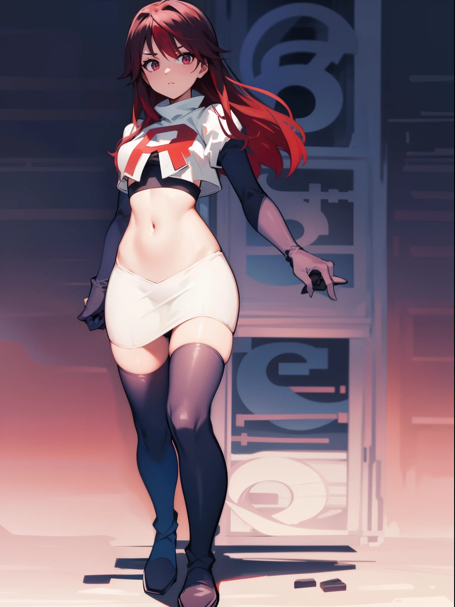 rosariarnd, team rocket,team rocket uniform, red letter R, white skirt,white crop top,black thigh-highs,black elbow gloves