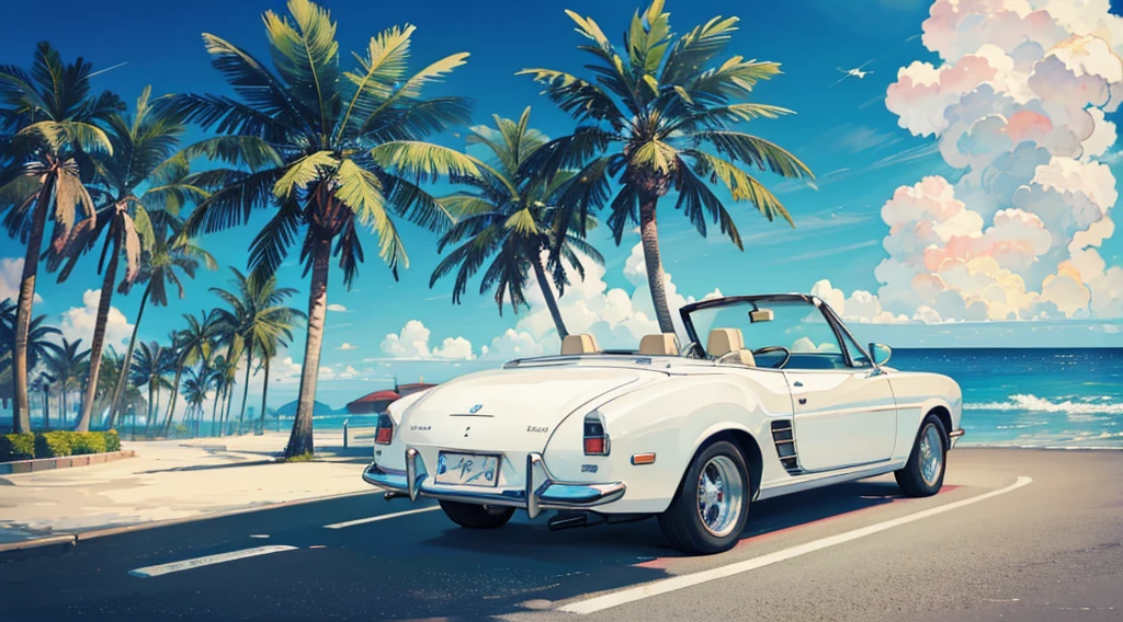 summer sky, seaside, palm tree, white classic car, convertible
