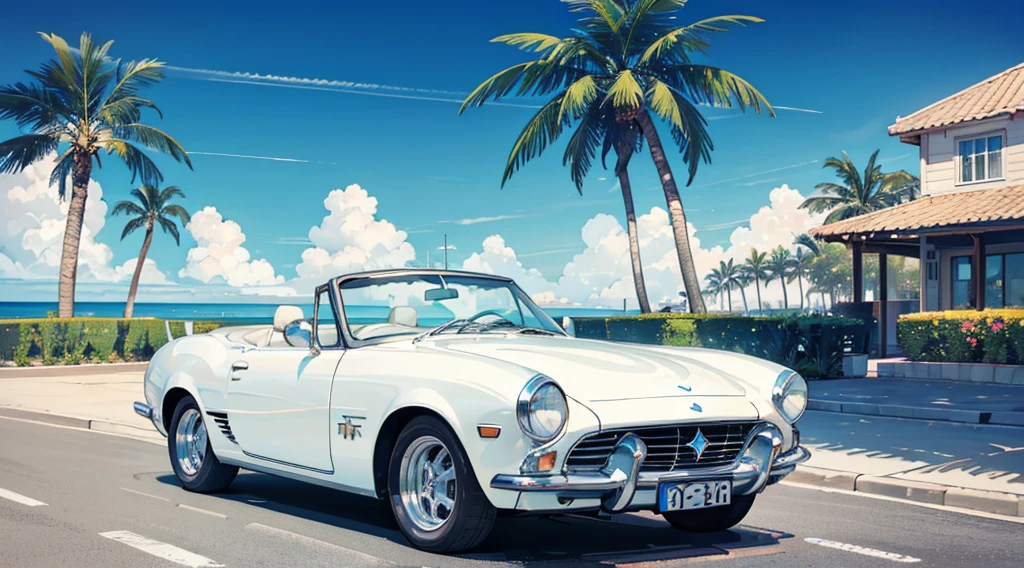 summer sky, seaside, palm tree, white classic car, convertible