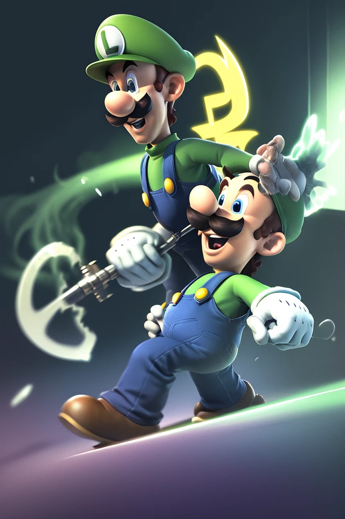 Luigi, (Flashy Mustache) blue overalls, green shirt, green cap with the letter L, smiling, 1boy, short man, little man, short legs, short arms, cartoon looking, walking cautiously, dynamic expression, fear, (fist to top: 1.1), big hands, big feet, (white gloves: 1.1), on the back a vacuum cleaner modified to catch ghosts, haunted mansion setting, walking through a haunted mansion, ghosts flying