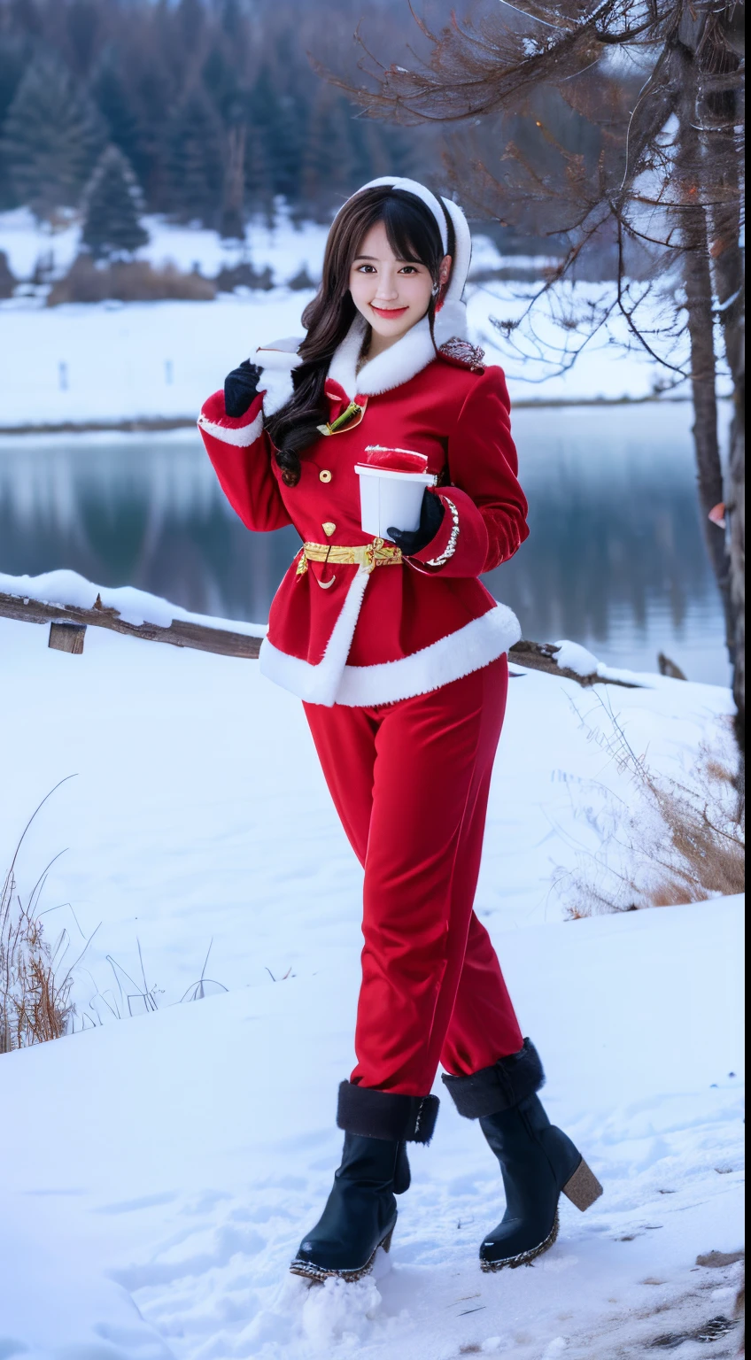 01 beautiful Chinese woman in the snow near a lake, in Santa Claus outfit