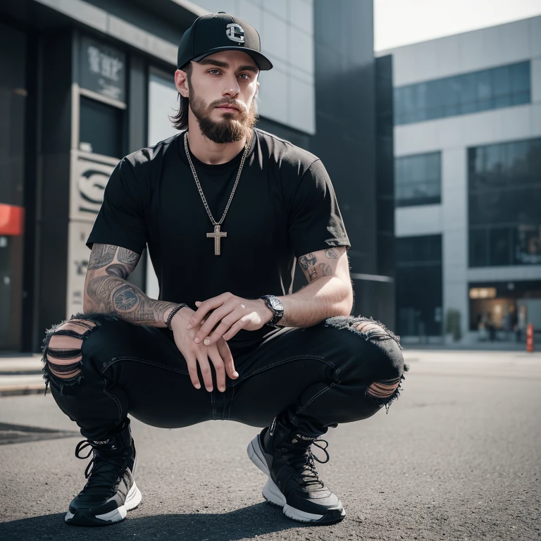 "(28-year-old Caucasian man with facial hair in high quality and resolution, full body) wearing an ultra-realistic streetwear:1.2 with a plain black shirt and a black trucker cap, black jeans with rips at knees, black boots, chain with cross pendant. Surrounded by a dystopian cyberscape. "
