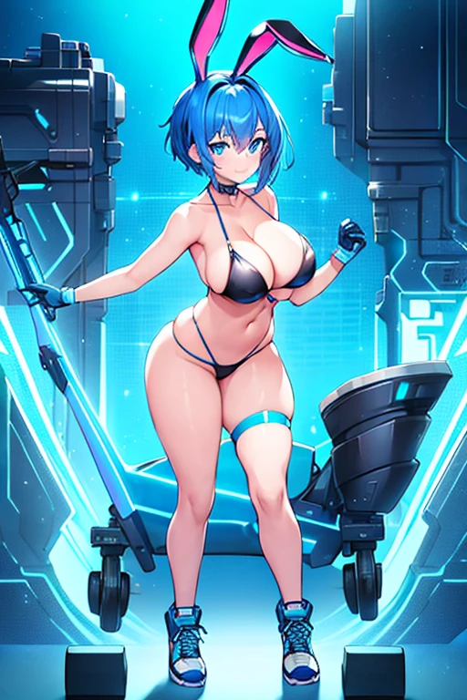 1girl, large breasts, wide hips, blue hair, short hair, very short hair, blue eyes, bikini, black bikini, shoes, sneakers, neon, machinery, tech, futuristic, science-fiction, blue neon trim, neon trim, light smile, bunny ears, rabbit ears, full body, v-string