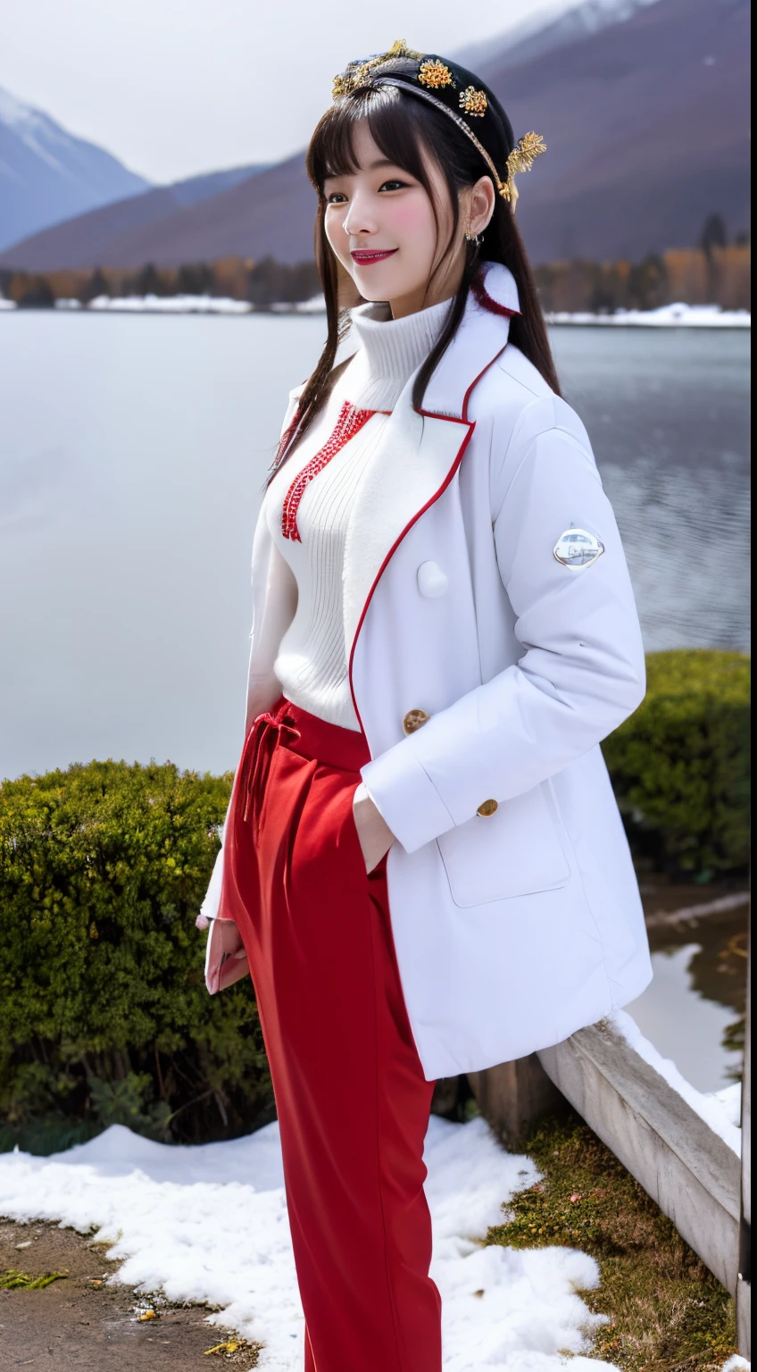 01 beautiful Chinese woman in the snow near a lake, in Santa Claus outfit