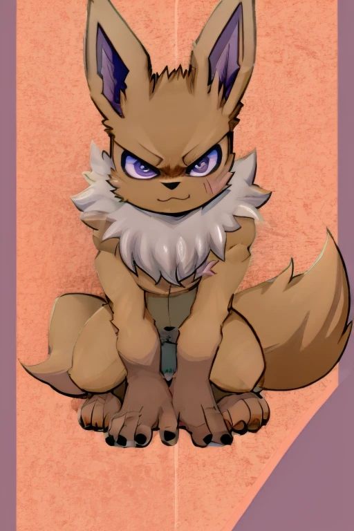 illustration style, anime, feral eevee, on fours, with an whiter humanoid face, purple and gray inner ears, light brown fur, light skinny body, big floofy white fur around the neck, tough looking, angry face, scar on left eye, purple inner ears, black marks on skin