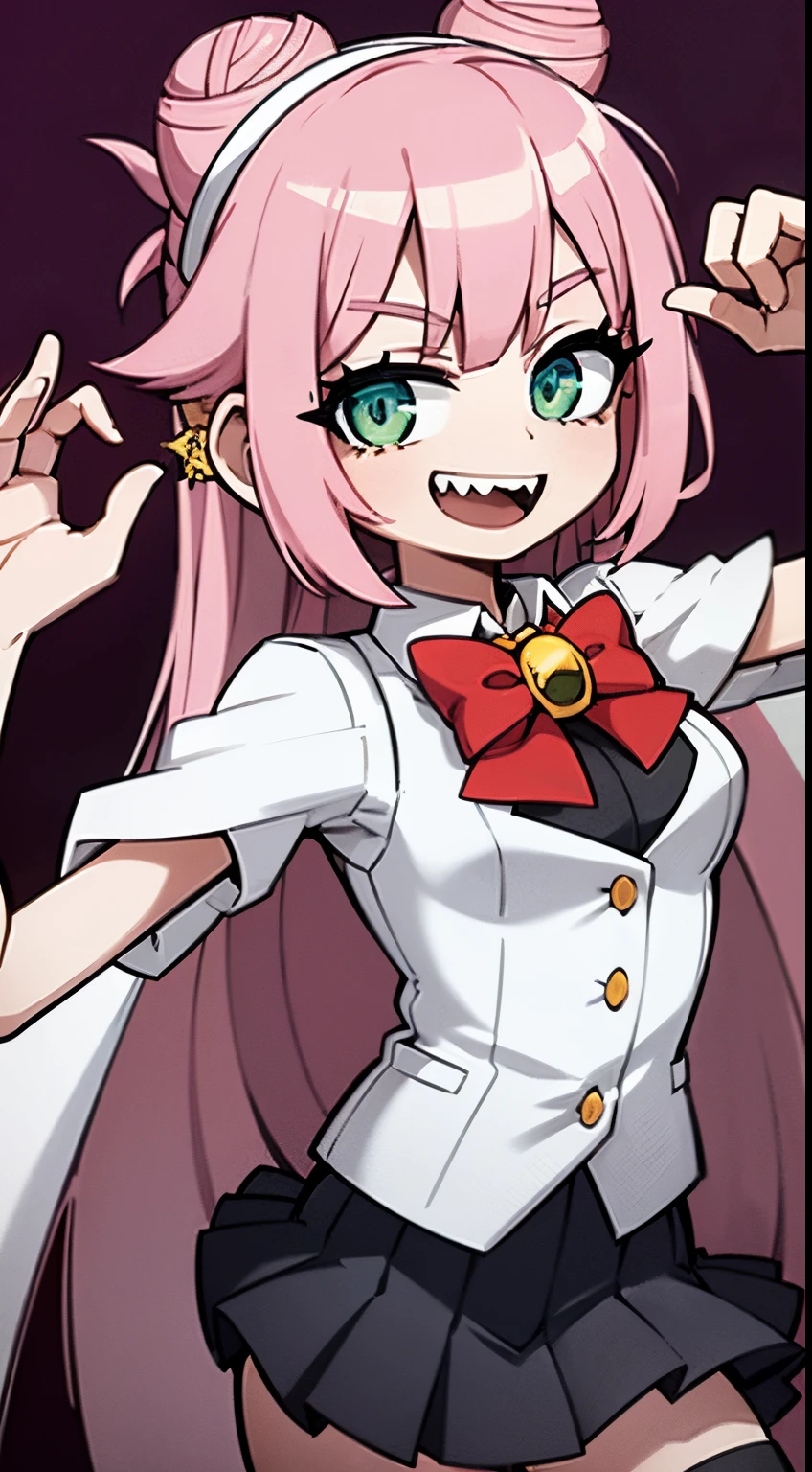 Smile, happy, skirt, pink hair, long hair, long pink hair, breasts, pov below, looking from below, cute, cutesy, stickers on face, stickers, green eyes, bowtie, red bowtie, sharp teeth, bunny ears