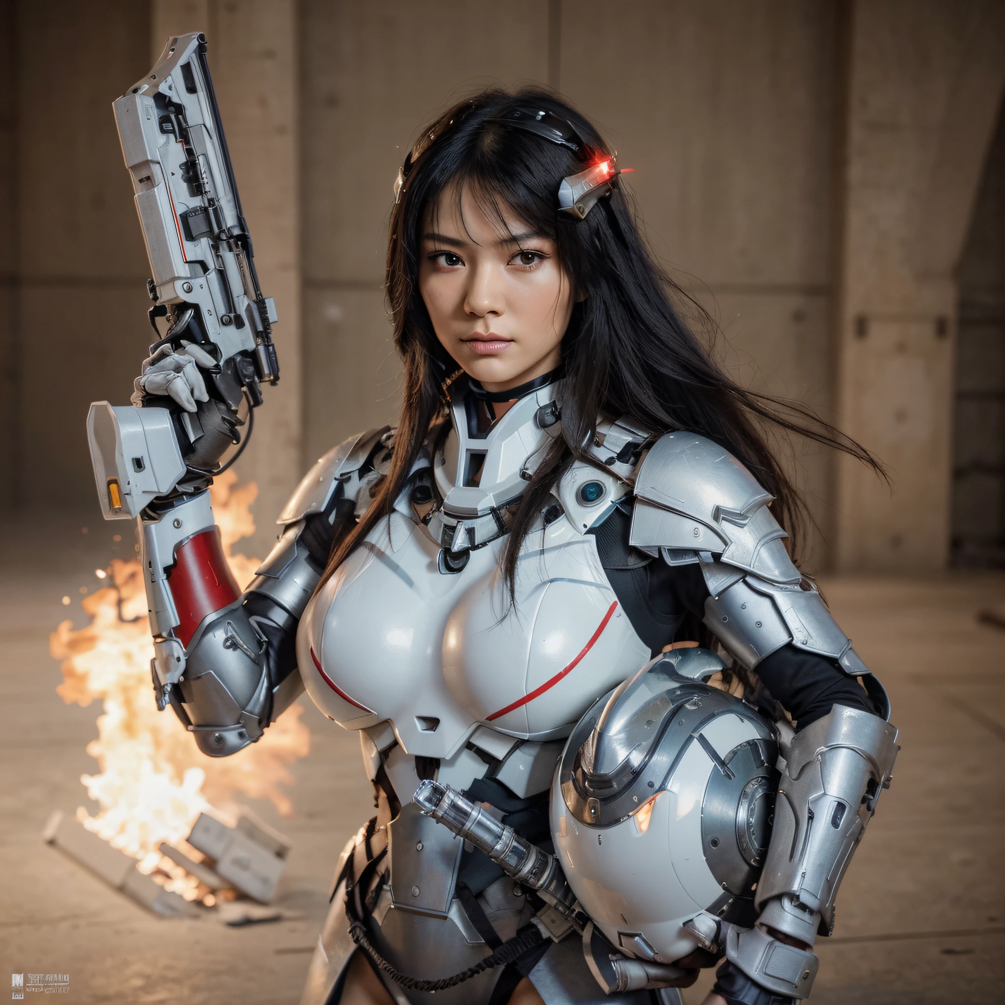 Hermosa mujer guerrera, Cara japonesa, Pelo negro muy largo, modern japanese style cyborg full heavy metal armor, color rojo con detalles blancos, In one hand he holds a laser gun and in the other a pilot's helmet, she is in an ultramodern military hangar with white and red mechanical color, 4k, Imagen ultra detallada, realista, Altamente detallado, perfect composition, splendid, Intrincadamente detallado, Incredibly detailed, 8 k artistic photography, hiper detallado, Obra maestra, Ultra detallado, hiperrealista, 4k, Imagen ultra detallada, realista, Altamente detallado, perfect composition, splendid, Intrincadamente detallado, Incredibly detailed, 8K fine art photography, hiper detallado, Obra maestra