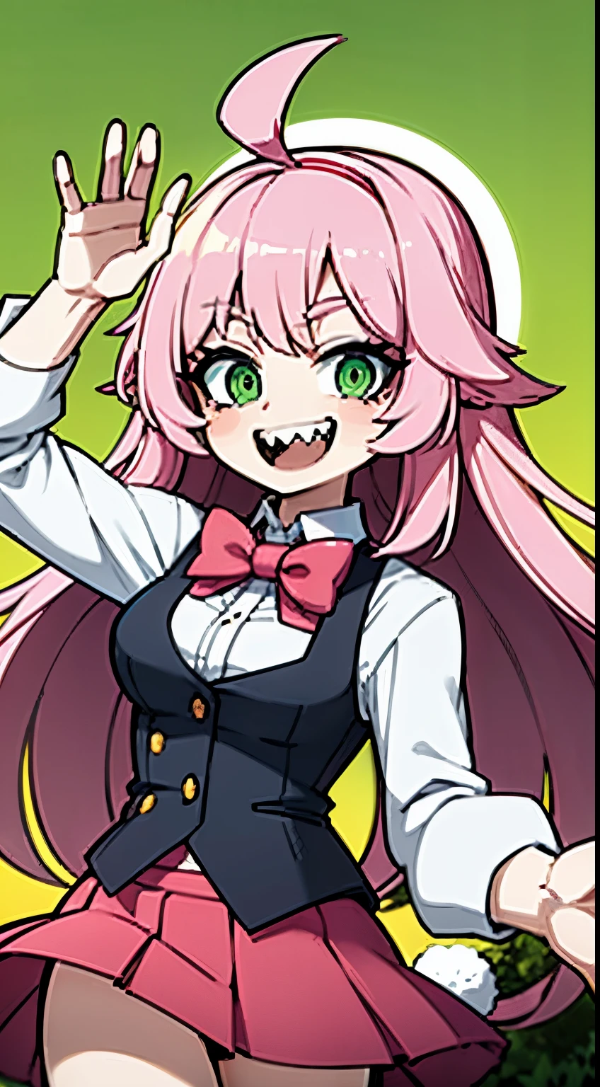 Smile, happy, skirt, pink hair, long hair, long pink hair, breasts, pov below, looking from below, cute, cutesy, stickers on face, stickers, green eyes, bowtie, red bowtie, sharp teeth, bunny ears, bunny, rabbit ears, rabbit, vest clothe, vest, black vest with golden buttons,