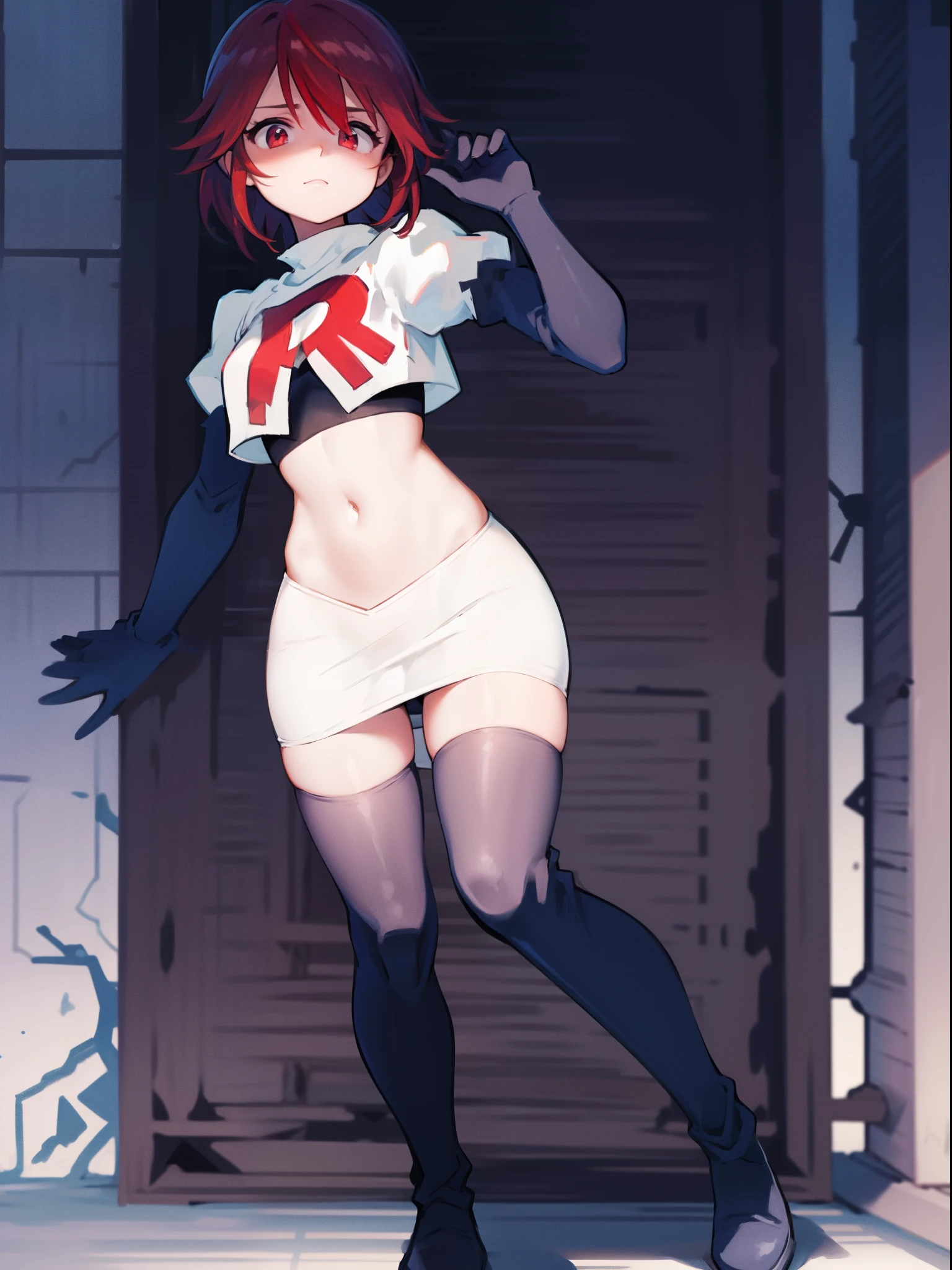 rosariarnd, team rocket,team rocket uniform, red letter R, white skirt,white crop top,black thigh-highs,black elbow gloves