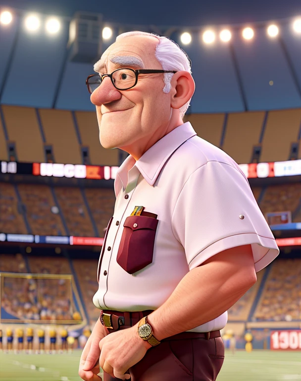 a wise old bald man on a football field in Brazil with the crowd behind him wearing a garnet blouse and white shorts