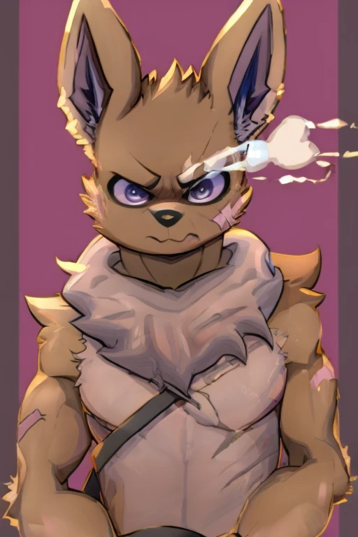 illustration style, anime, anthro eevee, with an whiter humanoid face, purple and gray inner ears, light brown fur, light skinny body, big floofy white fur around the neck, tough looking, angry face, scar on left eye, purple inner ears, black marks on skin