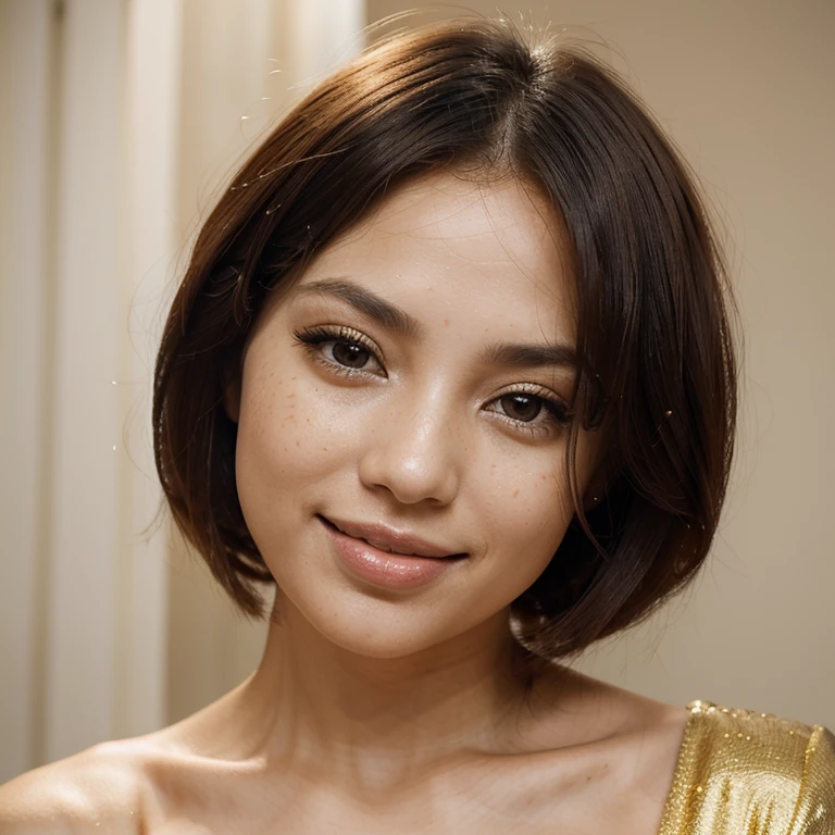 A cute sexy beautiful model aged 27. Cheeky smiling. Mixed-race pale skin, parents from Nigeria and Korea. Slim, busty. Lightly freckled. Evening make-up, gold themed. Hair cut into asymmetrical bob, with blue streaks