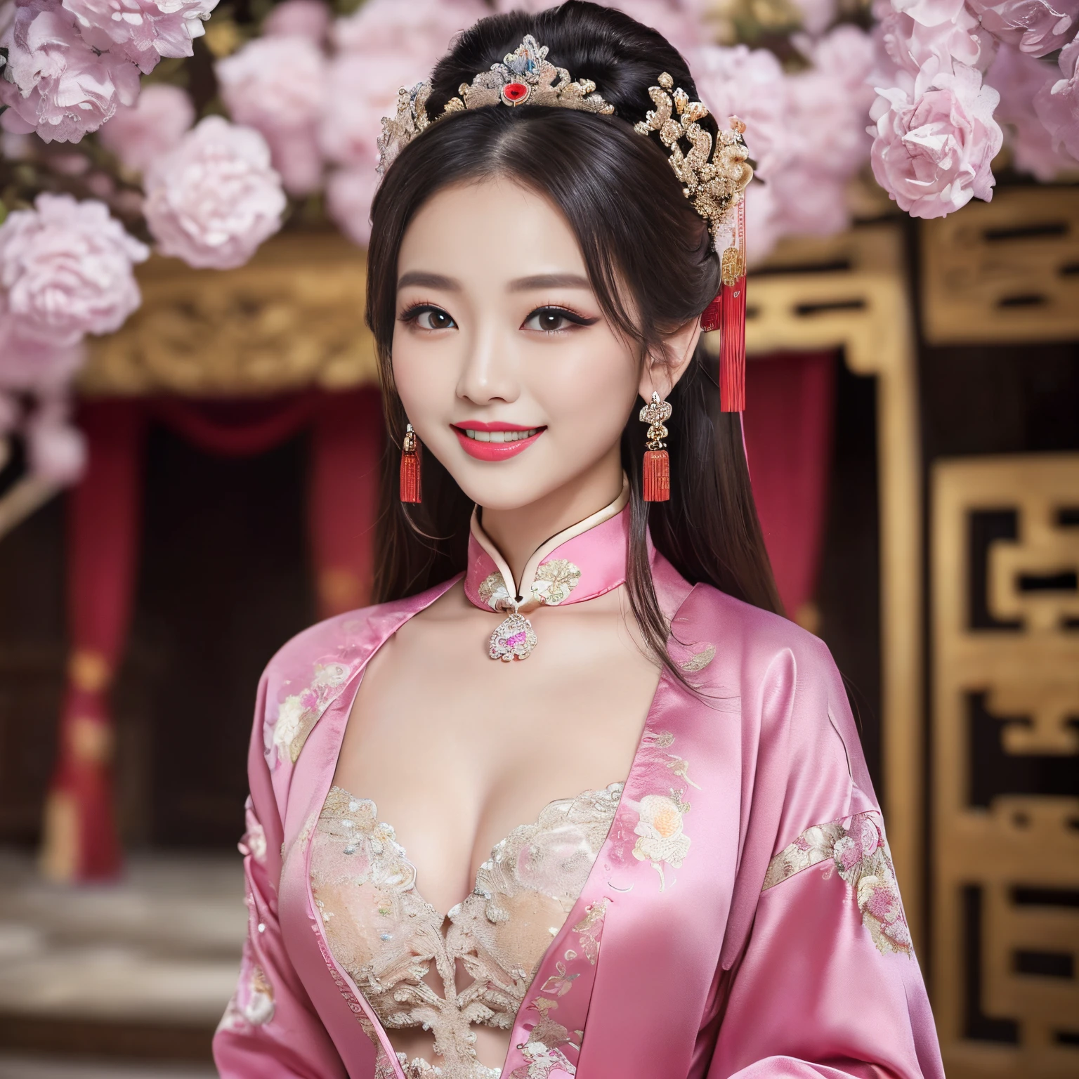 ((top-quality、masutepiece、8K、Top image quality、Highly complex and detailed depictions))、(The most gorgeous Chinese whore princess:1.5)、Chinese garrison house at night、((The most gorgeous whore princess huge costume、The most vivid and luxurious costume Iglong costume、The most luxurious and huge garrison、An unimaginably luxurious garrison、purple and pink garrison、It is depicted against the background of a huge and luxurious garrison.、Huge Guru House at midnight、Very complex decoration、very clear garrison))、(View me、Bewitching smile、Perfect makeup、long eyelashes、pink lipsticks、Pink eyeshadows、perfect anatomia、Biggest smile)、(Clear background of huge garrison:1.3)