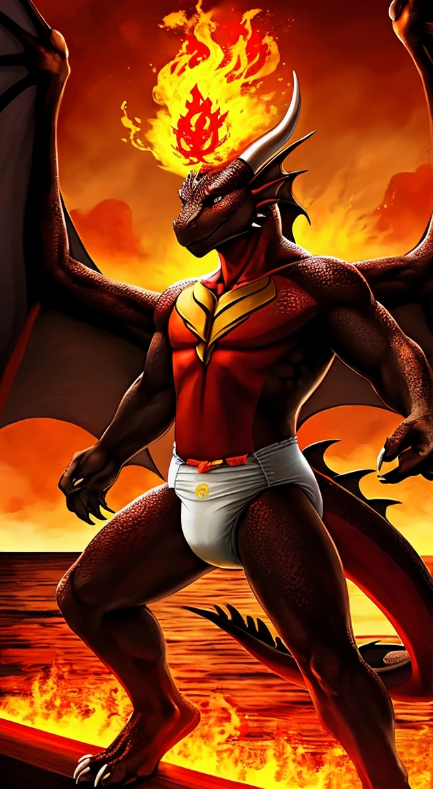 (realistic dragon with wings and horns), bipedal, male proportions, muscled, wearing pampers disposable soggy diaper with red flame shaped symbol, throwing flames from claws, Kung fu pose, blowing with claws, surrounded by flames, surrounded by cinders, fire, in cruise, ocean