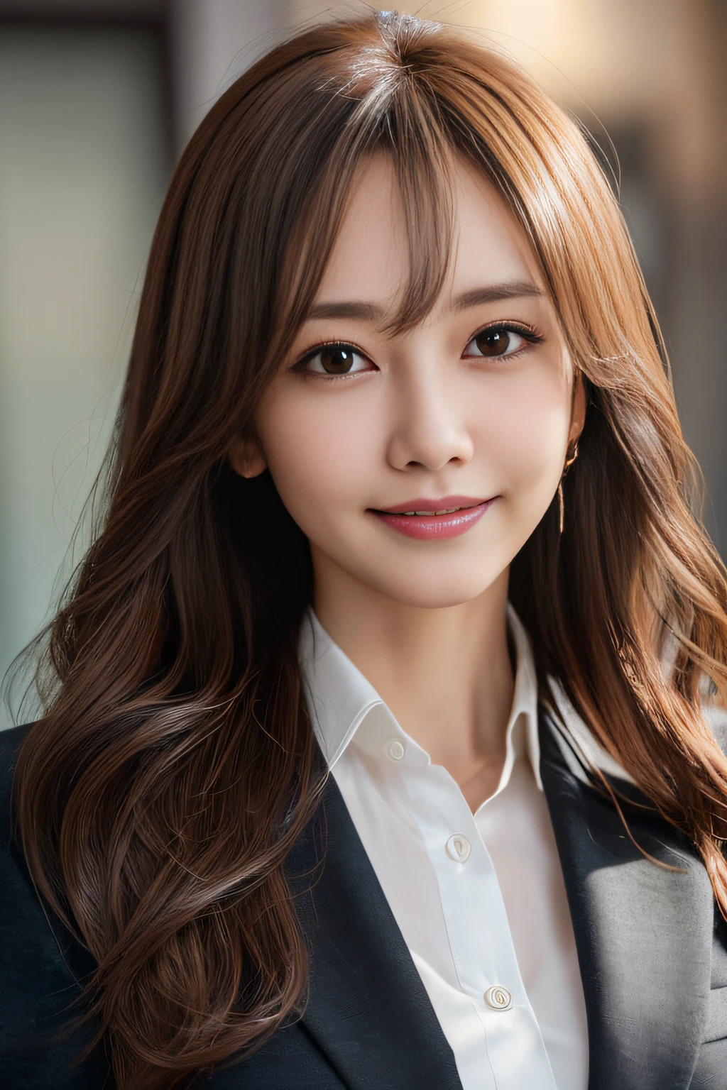 masutepiece, Best Quality, Photorealistic, Ultra-detailed, finely detail, High resolution, 8K Wallpaper, 1 beautiful woman,, light brown messy hair, in a business suit, foco nítido, Perfect dynamic composition, Beautiful detailed eyes, detailed hairs, Detailed realistic skin texture, Smiling, Close-up portrait, Model body type