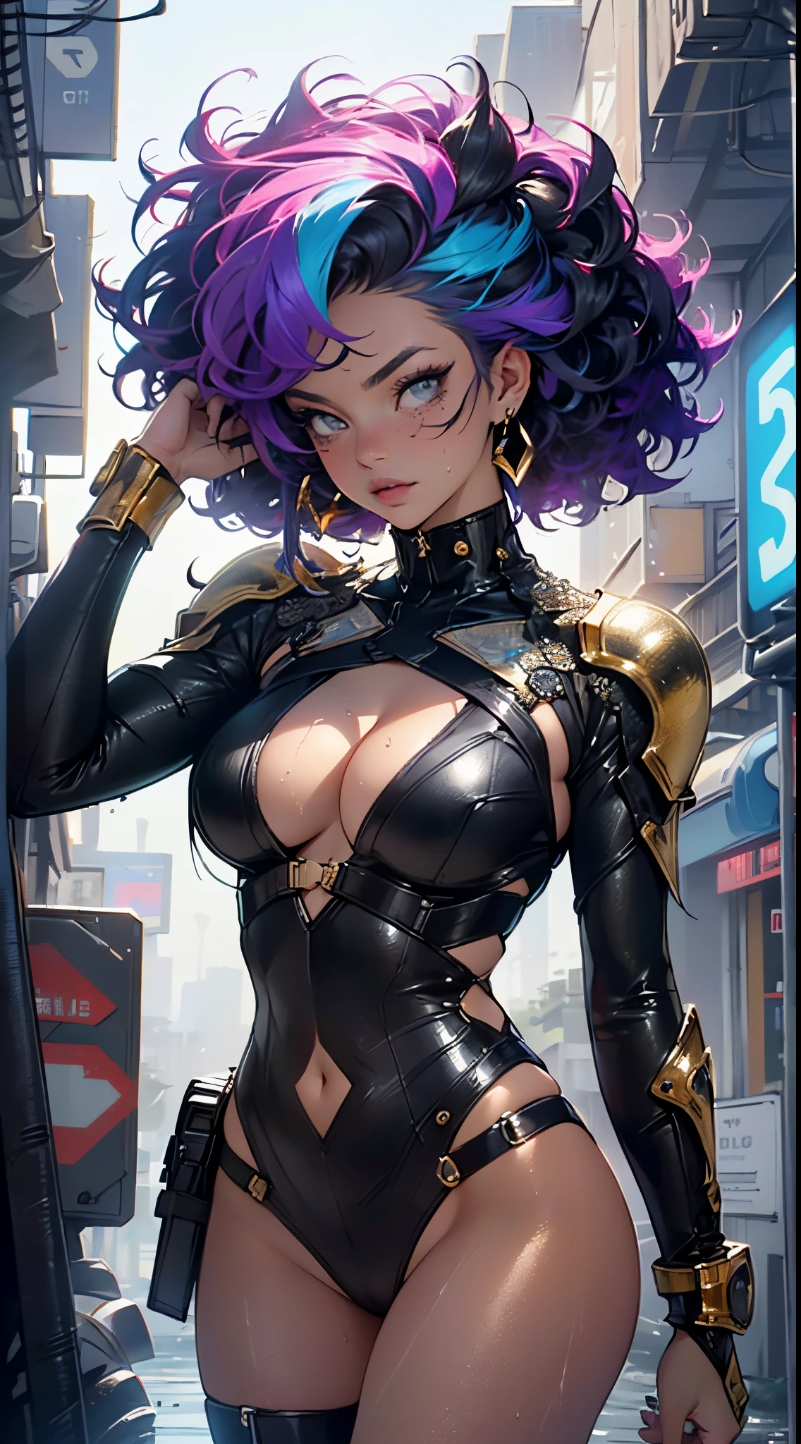 girl spacepunk,(((1girl))),((((black race)))),

(large breasts:1.4),saggy breasts,((((rainbow hair:1.35,rainbow hair)))),medium hair,((heterochromia:1.5, (yellow_eye and red_eye))),intricate eyes,beautiful detailed eyes,symmetrical eyes,((fat)),((((tan,dark skin,black skin:1.35,dark-skinned_female,dark skin:1.3,ebony skin,lustrous skin:1.5,bright skin: 1.5,shiny skin,very shiny skin,shiny body,illuminated skin,wet legs)))),(spider lower abdomen,narrow waist,wide hip,athletic body,inflated legs),((detailed face)),(+long colorful wavy hair),(freckles),((tattooed)),(cleavage overflow:1.3),

cute,slutty,sensual,seductive look,seductive,erotic,enchanting,((nsfw)),

(arm armor:1.3),(armor suit,nsfw neckline,armor legs),a muscular and perfect body,generous neckline,naked in gold body jewelry,juicy lips,bimbo lips,big puffy breast,micro breastplates,((afro curly hair)),bright skin,hazel Detailed Eyes,Double Eyelids,(((cyberpunk gold metal net jewelry BDSM))),gold metal cyberpunk tapes on body,metal Collar,metal gold futuristic tiny Panties t-strings,metal panties,a thin cupless bra,metal clothes,gold body jewelry,wet skin,she is naked,

(long sexy legs),(((wet clothes,intricate outfit,intricate clothes))),

(dynamic pose:1.0),solo focus,embarrassed,(centered,scale to fit dimensions,Rule of thirds),

cyberpunk city by the ocean at night, with bright neon signs and dark stormy clouds and puddles, scenery:1.25,nighttime, starry night, cosmos,Very dark night that makes the neon lights stand out, very bright neon lights,nighttime, starry night, cosmos,

artistic photography,(photography taken by sldr),highres, sharp focus,(ultra detailed, extremely detailed), (photorealistic artwork:1.37),(extremely detailed CG unity 8k wallpaper),((synthwave background theme)),(((vibrant colors))),intricate,(intricate background),(masterpiece),(best quality),perfect rendered face,perfect face details,realistic face,photo realistic,analog style,((intricate detail)),(((realism))),