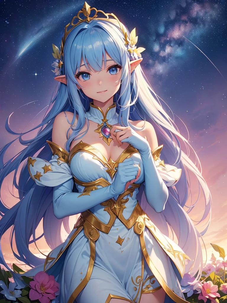 top-quality、Top image quality、masterpiece、Super beautiful fairy girl((24 year old、Best Bust、big bast、Bust 90,beautiful blue long ironed hair、A slender、a closeup、Esbian、beautiful tiara、hiquality、Beautiful Art、Background with((starrysky)))masutepiece、visualart、depth of fields、low angle of morning sky、、Elven ears、、light magic、space night、harp melody🎵、Happy smile、Gentle light、、Beautiful and skin-friendly legs、、、Number of fingers to achieve precise finger movements、ticker beautiful dress、elegent、Mystical field under the flower garden、Marble pillars that illuminate the beautiful world!prayer of hope🙏、