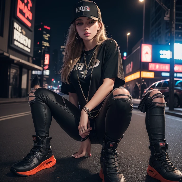 "(25-year-old Caucasian female in high quality and resolution, full body) wearing an ultra-realistic streetwear:1.2 with a plain black shirt and a black trucker cap, black jeans with rips at knees, black boots, chain with cross pendant. Surrounded by a dystopian cyberpunk nightscape. "