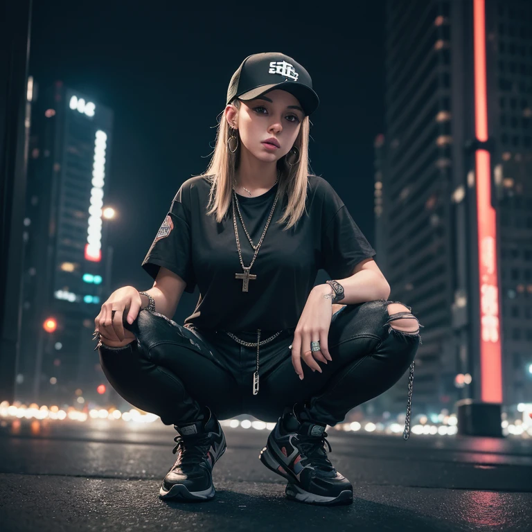 "(25-year-old Caucasian female in high quality and resolution, full body) wearing an ultra-realistic streetwear:1.2 with a plain black shirt and a black trucker cap, black jeans with rips at knees, black boots, chain with cross pendant. Surrounded by a dystopian cyberpunk nightscape. "