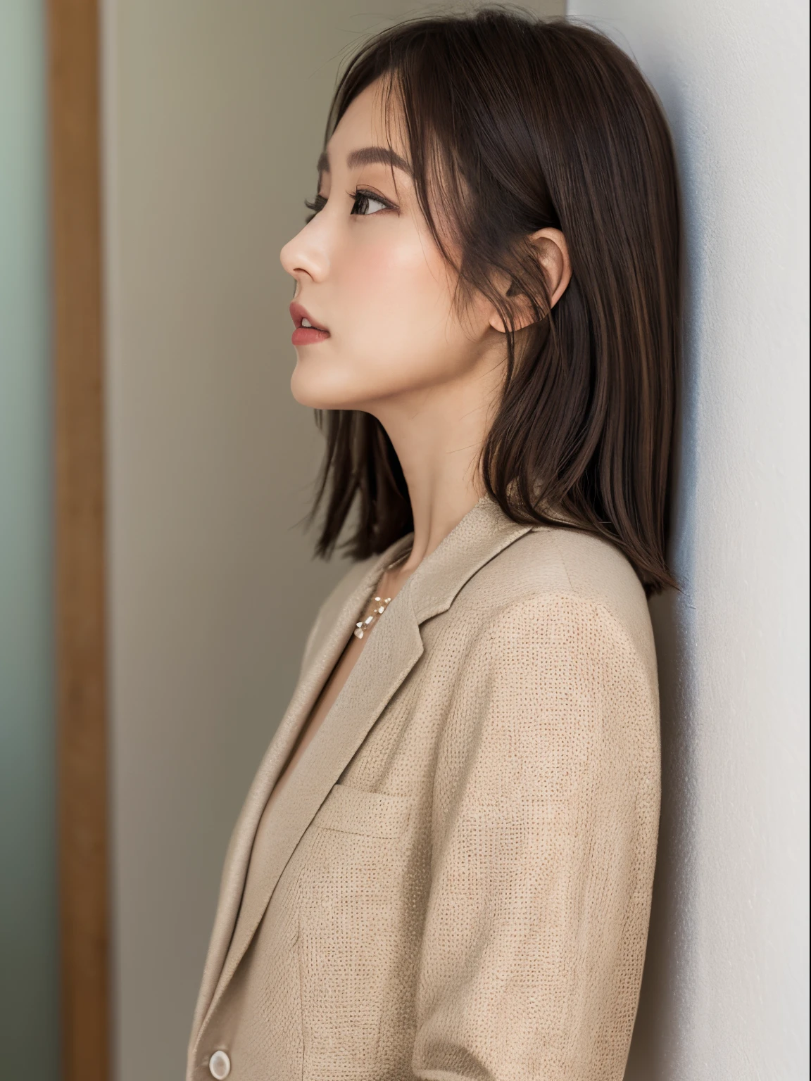 (top-quality、8k、32k、masterpiece、UHD:1.2)、Photo of a cute Japanese woman、1girl in、(Medium short dark brown hair)、二重まぶた、Light beige suit jacket、white t-shirts、Brown skirt、Necklace with small charm、white walls、Taken in front of the white door、(white wall room with window)、Poses variadas、(Beautiful profile:1.3)、The correct state of the human body、Natural Color Lip