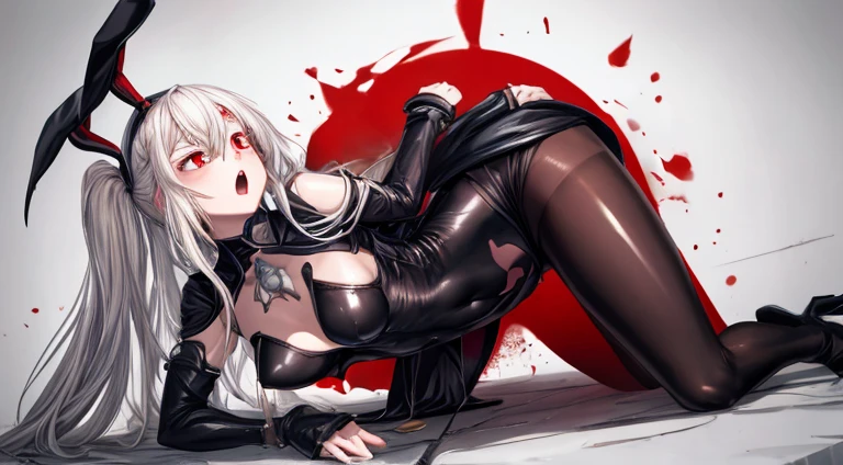"2 girls (masterpiece)), [Slim], (Small breasts), Pale skin, ((Detailed eye background blur), ganyudef white long hair, Red eyes, villainous, Dark theme, [eyes liner], Evil".. Embracing. Profusely Blushing, profusely sweating. Naked Lesbian.  (Groping fondling pulling breasts). Spit. (Bunny suit).  [multiple penetration cream-pie] [stripping of clothes].recoil, violent. Kneeling. Heart pupils. Deepthroating. (Cum dripping spread ) exposed . Pulling hair, long tongue. Masturbation. Giant Dildo. . . Open mouth. Smut. Erotica. Decapitated. Choking. Riding on dildo.  toys, pantyhose. Covered in cum. Cut in half . High heels. Spreading . Grinding, one arm raised. Stomach deformation.