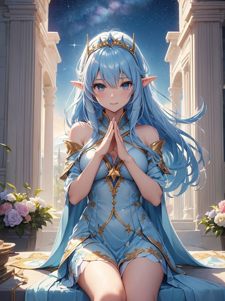 top-quality、Top image quality、masterpiece、Super beautiful fairy girl((24 year old、Best Bust、big bast、Bust 90,beautiful blue long ironed hair、A slender、a closeup、Esbian、beautiful tiara、hiquality、Beautiful Art、Background with((starrysky)))masutepiece、visualart、depth of fields、low angle of morning sky、、Elven ears、、light magic、space knight、harp melody🎵、Happy smile、Gentle light、、Beautiful legs that are gentle on the skin、、、Number of fingers to achieve precise finger movements、ticker beautiful dress、elegent、Mystical field under the flower garden、Marble pillars that illuminate the beautiful world、beautiful courtyard、prayer of hope🙏、