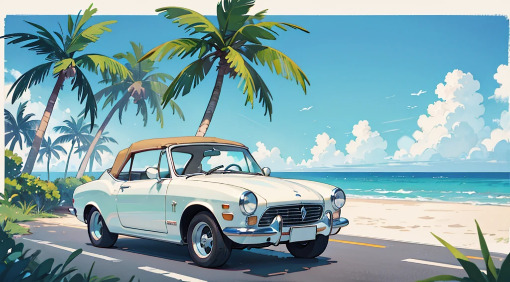 summer sky, seaside, palm tree, white classic car, convertible