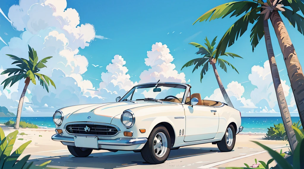 summer sky, seaside, palm tree, white classic car, convertible