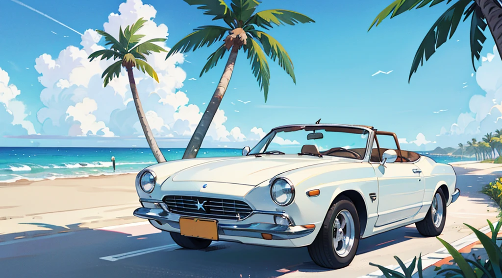 summer sky, seaside, palm tree, white classic car, convertible