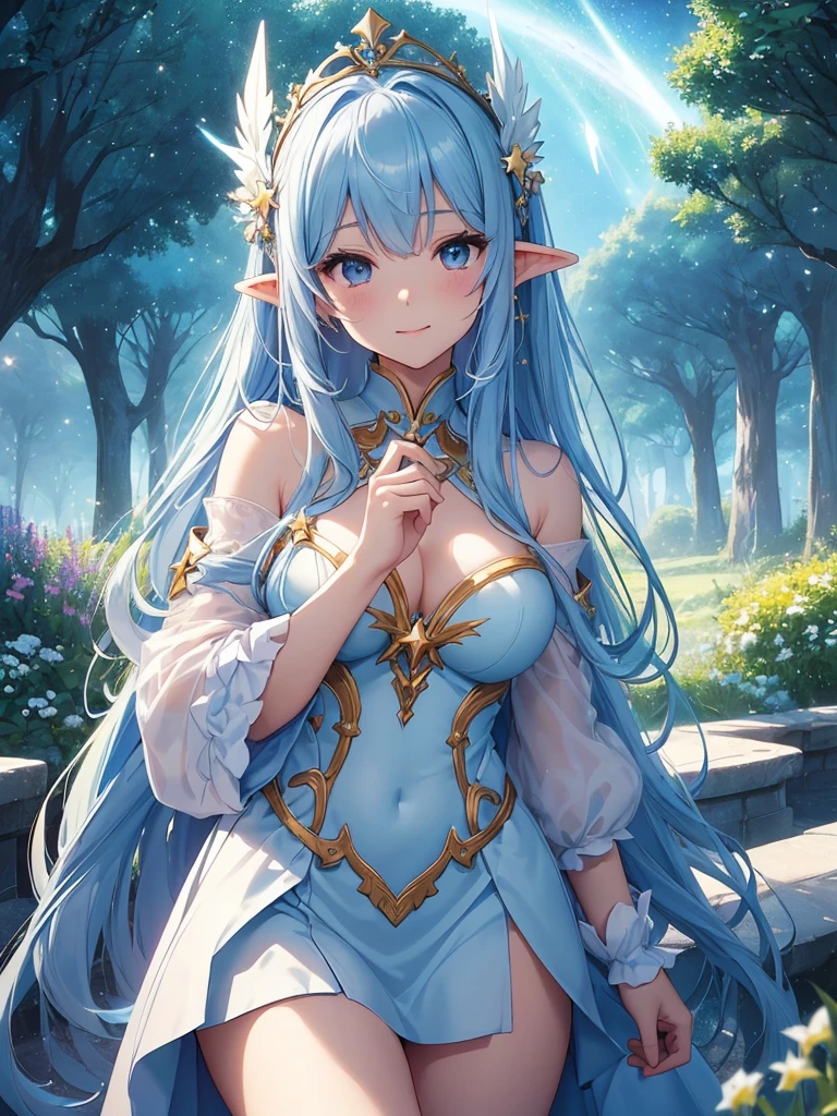 Anime, woman, long hair, pale blue hair, pink eyes, gently, earrings, big boob, wearing a nightgown, beautiful, elegant, pure, fantasy, ice, snowflake, snow land, cool, noble, elf, crystal, stay in thorn room,