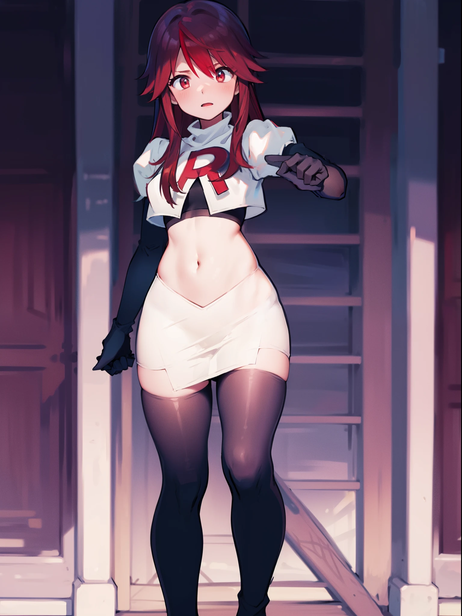 rosariarnd, team rocket,team rocket uniform, red letter R, white skirt,white crop top,black thigh-highs,black elbow gloves