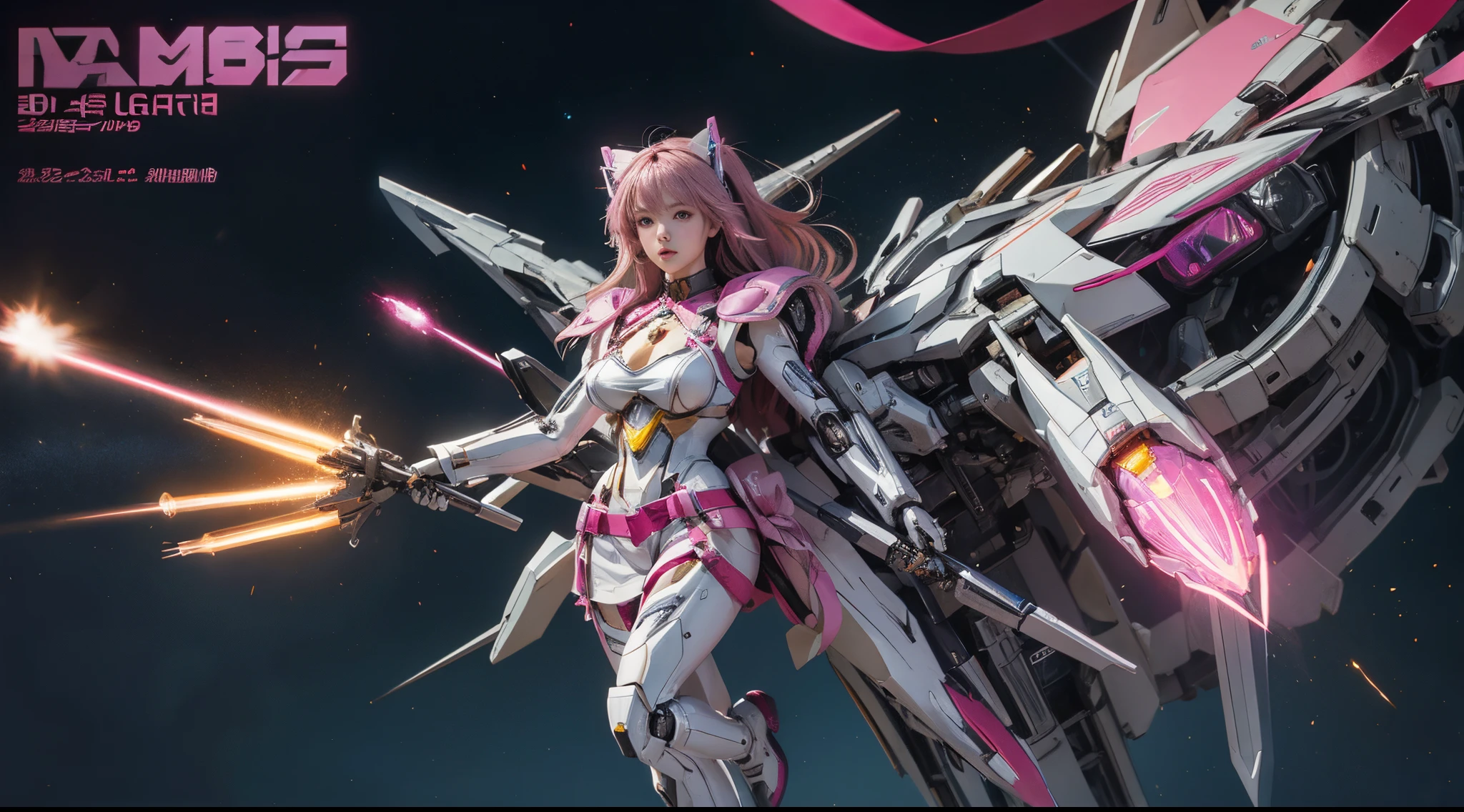 ctextured skin, super detailing, high detal, high qulity, Best quality at best, A high resolution, 1080p, hdd, The beautiful,(Up),beautiful android woman,Mecha robot girl,Versus mode,mecha-girl, 14years, pink ribbons, Colossal tits, She#39;s wearing a futuristic Gundam mecha,Full body photo, Mecha background