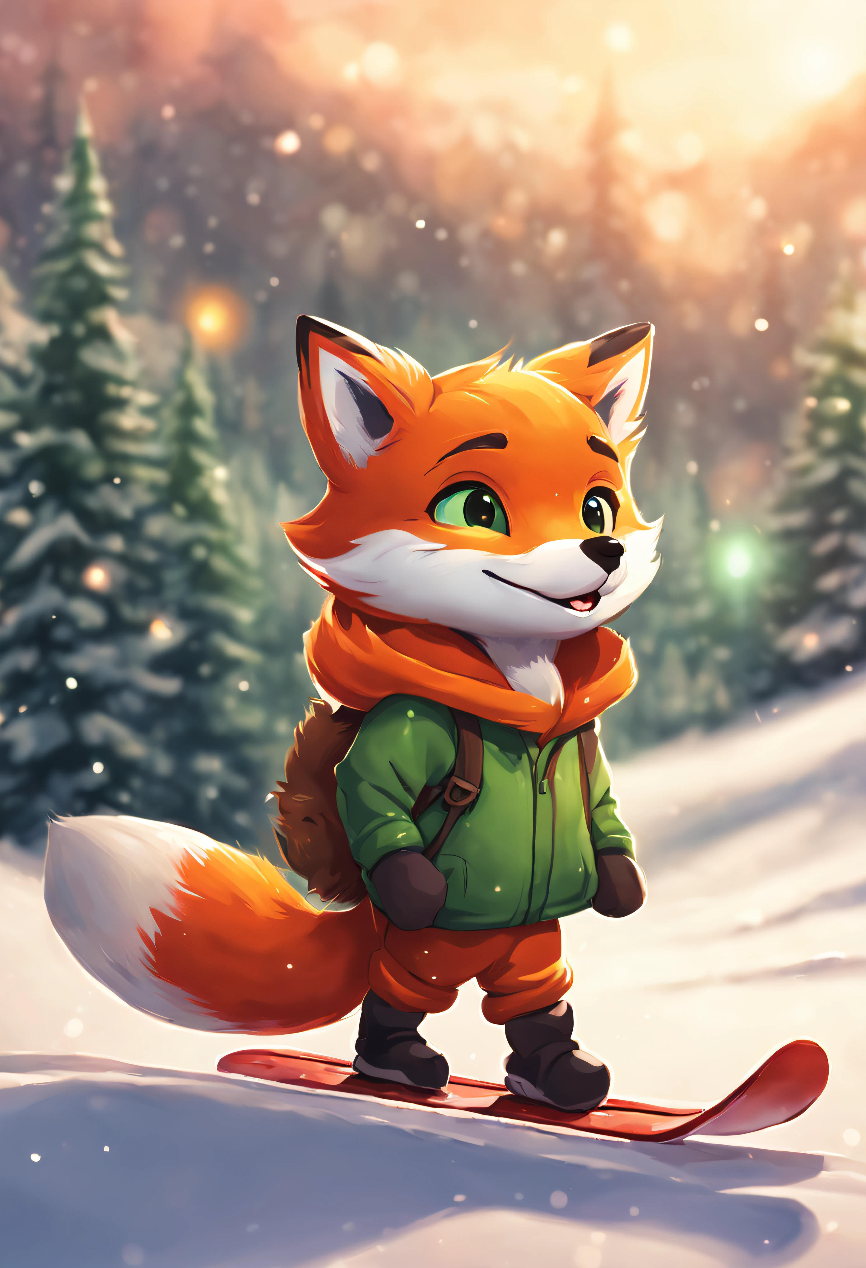 Cute little fox with green eyes and green hoodie, Orange paws. The picture looks like the work of Makoto Shinkai. A cute fox is skiing in a winter landscape. The fox looks at the sky where the red lights are shining. Christmas village, northern lights, shooting star, cozy, the fox is happy, the fox is lovely, the fox is cute. Best quality, sharp picture, cinematic, afternoon, sunset, bright colors, great picture, cute fox. the fox is cute and lovely, winter, the fox's back is taking pictures, the fox is not looking at the camera, red elf hat, christmas hat, night, northengights, christmas tree, high quality, sharp image, wood colored skis, the fox is skiing on skis, fox is happy, cute small fox