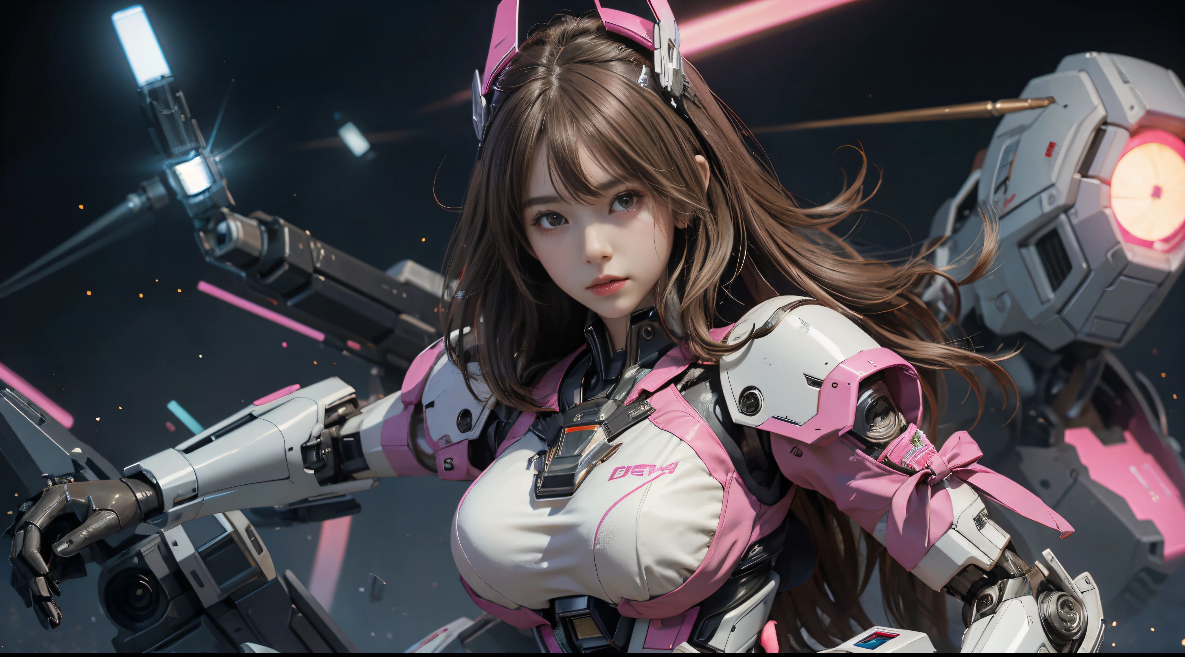 ctextured skin, super detailing, high detal, high high quality, Best quality, A high resolution, 1080p, hdd, The beautiful,(Upp),beautiful android woman,Mecha robot girl,Versus mode,mecha girl, years, pink ribbons, Colossal tits, ella#39;Wearing a futuristic Gundam mecha,fully body photo, Mecha background