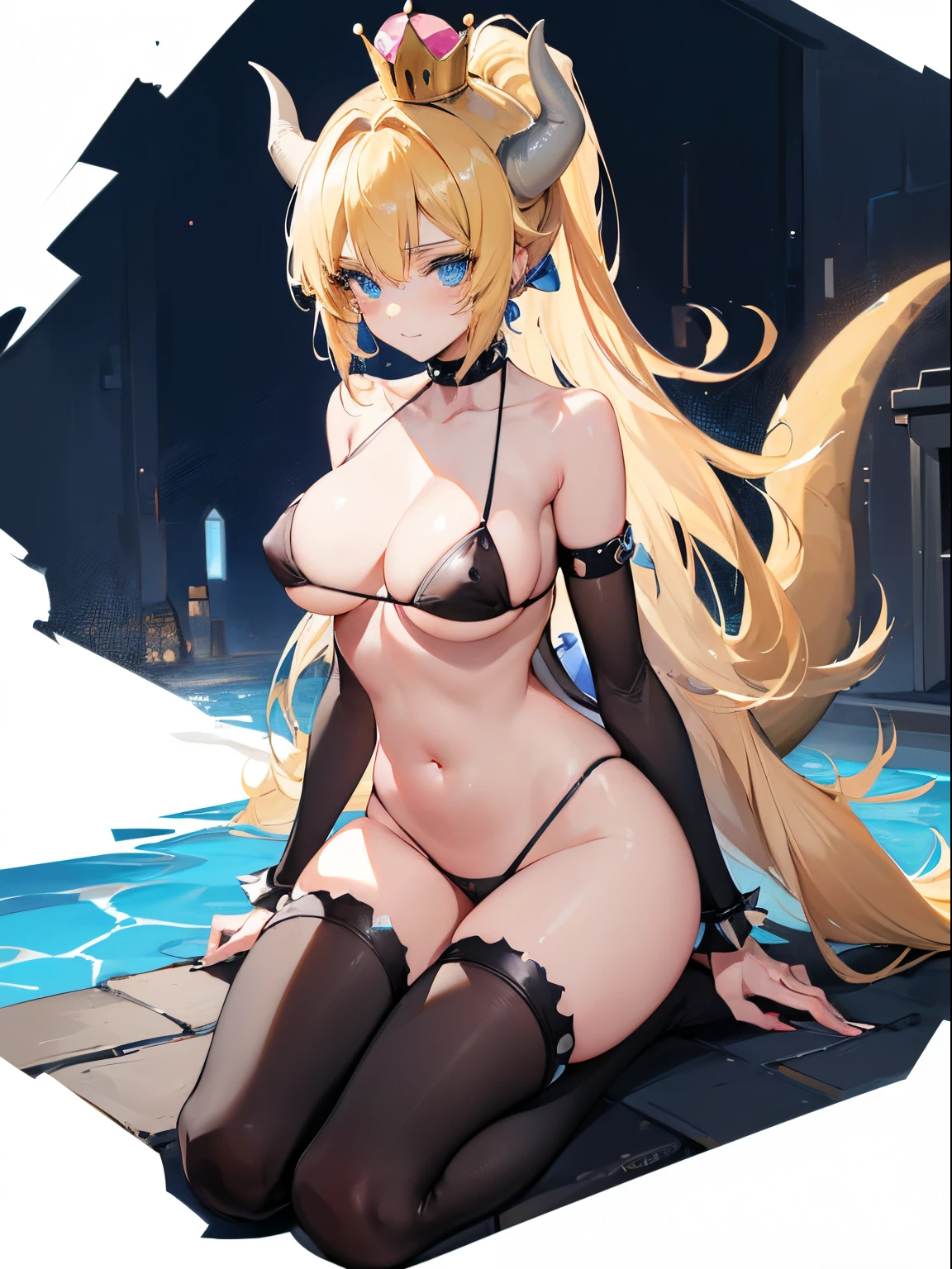 ((masterpiece)), ((best quality)), (ultra-detailed), ((kawaii)), cute, (lovely), ((????)), ((extremely detailed)), 4K, (8K), best quality, (beautiful), (anime style:1.2), flat color, painting, //, dynamic pose ((????)), //, full body, gradation, Beautiful girl with blonde hair，with hair dishevelled, ponytail blonde hair，Sick，White pupils，The legs are very thin，The legs are long, blue eyelashes, ​masterpiece, 1girl ((20 years old)), Bowsette, (((long blonde straight hair))) (dark eyeshadows make up), (perfect slim body), ((wear black ??????)), ((horns and claws)), (crown), (perfect hands, eyes, and face) , from sides, Smile, laying down, Long hair, (blonde hair, Deep Blue Eyes:1.2), Sparkling eyes, (Perfect eyes:1.2), (Perfect iris:1.2), //, (cool), //, shiny-glistening, ultra shiny body, gleaming, Cute face, kawaii, ?????????????, delicate hair, disheveled hair, dark night, swimming pool, ((ground view)) Tall and tall，Thin, 8k, ultrarealistik, oficial art, ????, blush