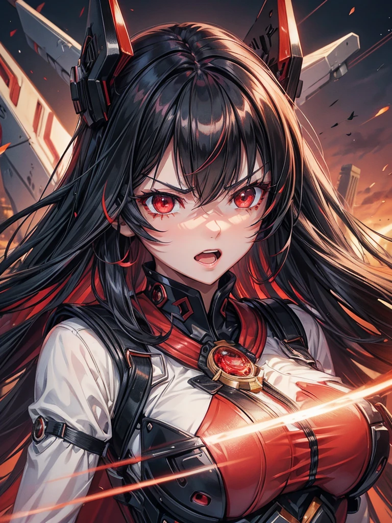line of emitted red light for eyes, black long hair femdom girl, twinkle red eyes:1.6, angry face, open mouth, looking to sky, background battlefield, masterpiece:1.3, beautiful detailed grow.