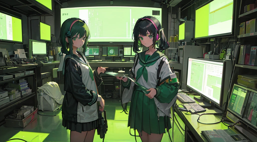 (3 girls, black hair, green eyes, sailor suit, headset, operating, kawaii), (green cyberpunk, room with big monitors, green neon)