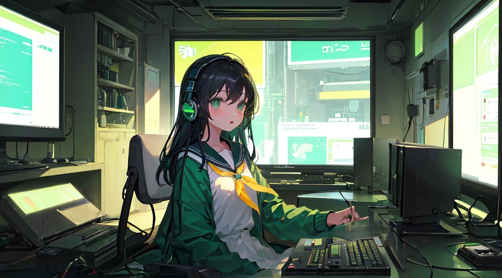 (3 girls, black hair, green eyes, sailor suit, headset, operating, kawaii), (green cyberpunk, room with big monitors, green neon)