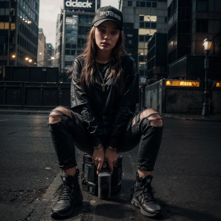 "(25-year-old Caucasian female in high quality and resolution, detailed face, full body) wearing an ultra-realistic streetwear:1.2 with a plain black shirt and a black trucker cap, black jeans with rips at knees, black boots, chain with cross pendant. Surrounded by a dystopian cyberpunk nightscape. "