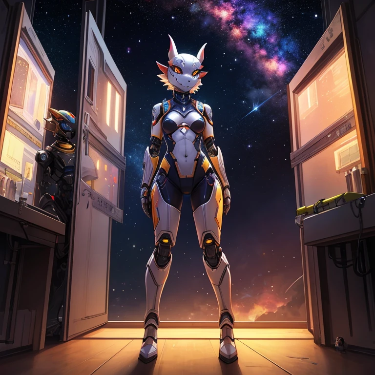female, furry, metalic, robotic, anthro, kobold, short, small breasts, thin body, standing in cell, science fiction, looking out window, galaxy, stars, high quality, masterpiece,
