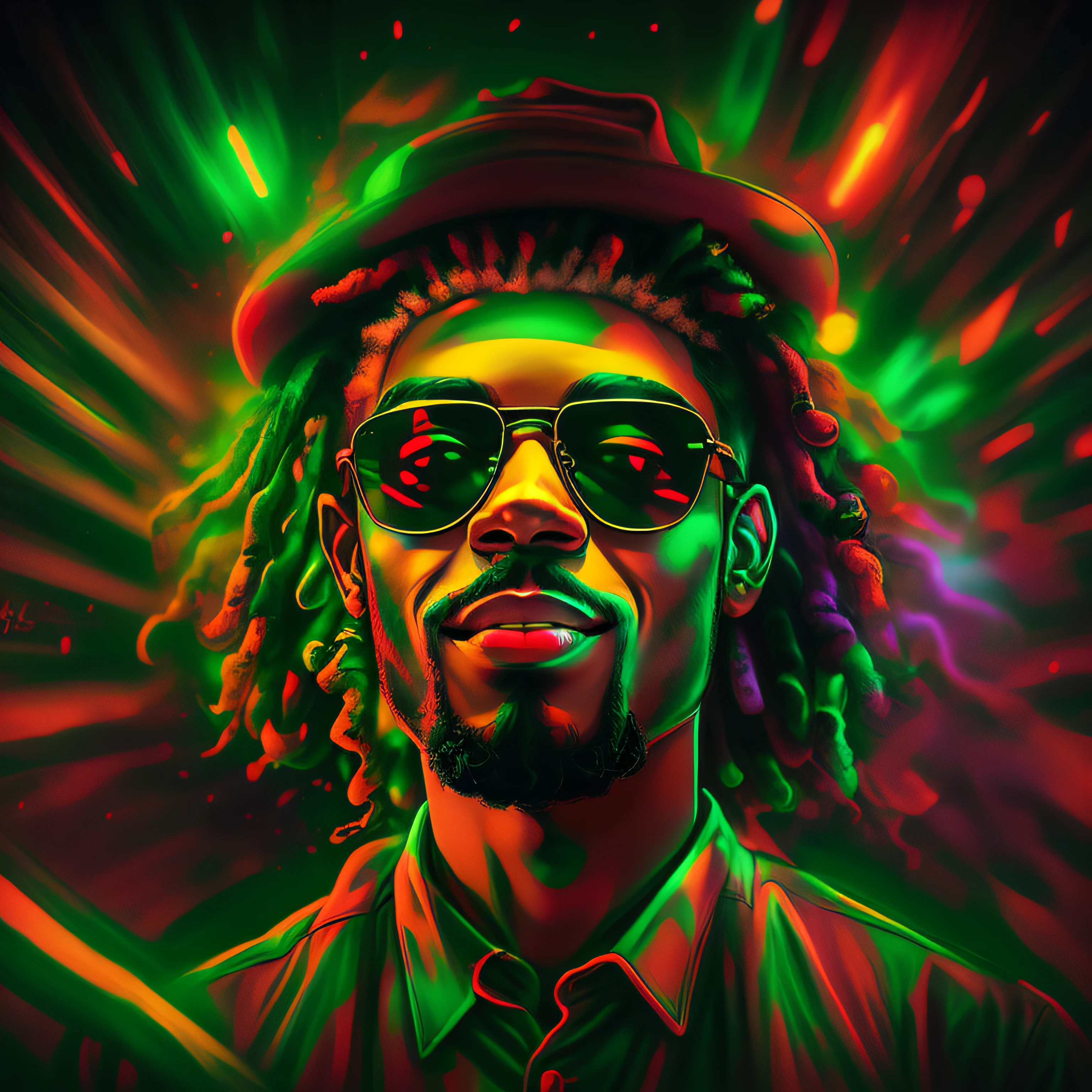 arte do vetor, blur art (1oldRasta sorrindo com roupas nas cores do reggae) mafia, neon style cinematic lighting