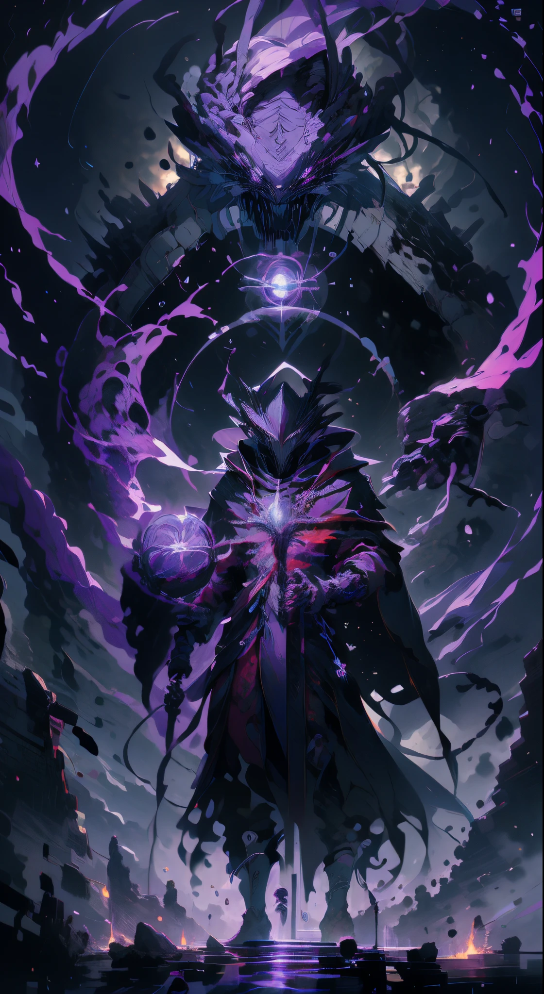(absurdos, Altas, ultra detalhado, HDR), master part, best quality, Dark Male Reaper with Scythe Sitting on Demon with a Giant Eye, em olhar arrogante, sozinho, ceifador, macho,foice enorme,foice incandescente, demon eyeball, globo ocular gigante, nojento, black demon wing, demon horn, Handsome, olho roxo, olho brilhante, Manto Preto, earring and accessory, peito nu, cara arrogante, corpo inteiro, magic vortex, spark, redemoinho, aura preta e roxa, dark purple overcast sky, abismo, Resumo Antecedentes, de lado, pesquisar, sorriso maligno