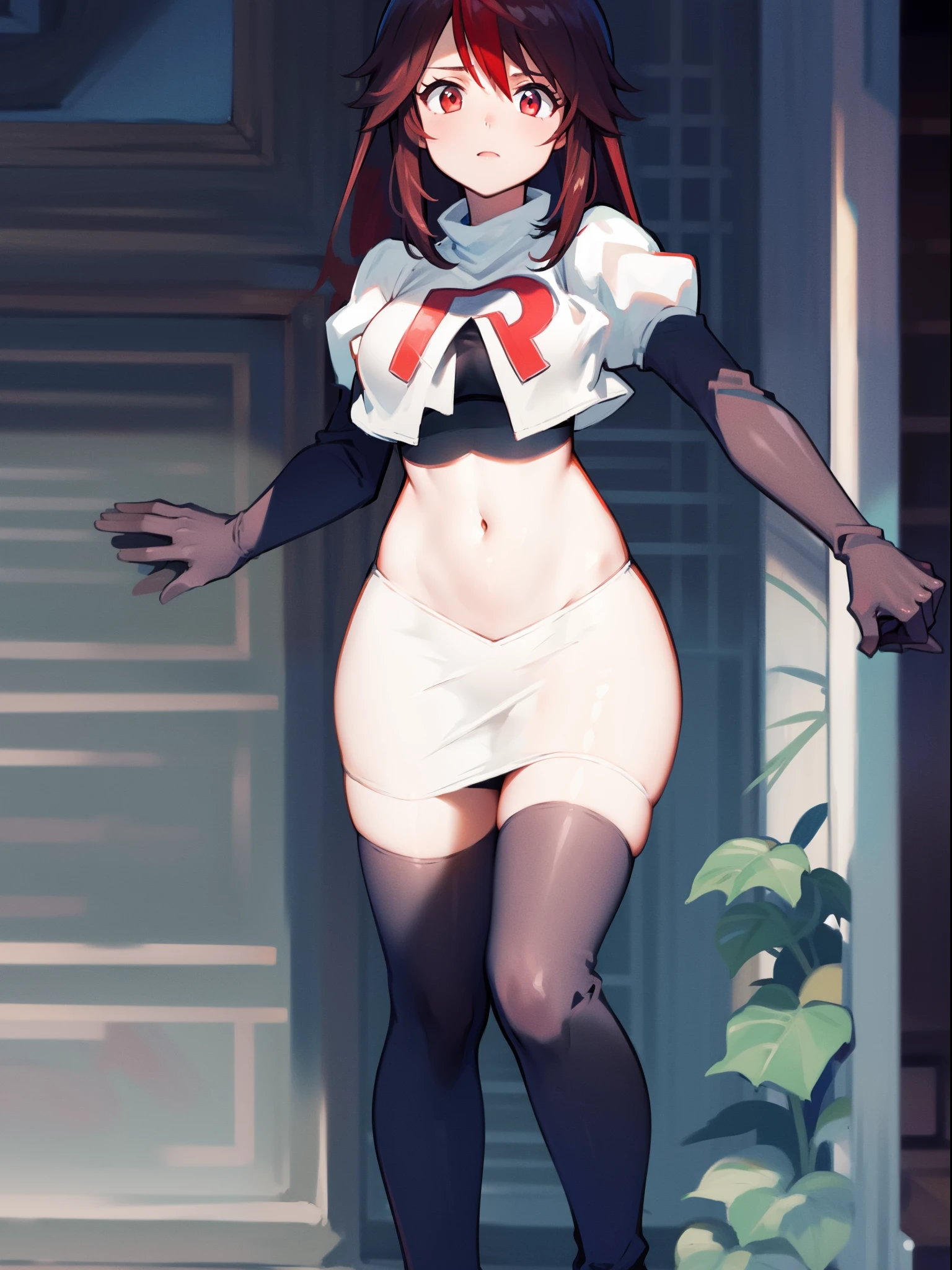 rosariarnd, team rocket,team rocket uniform, red letter R, white skirt,white crop top,black thigh-highs,black elbow gloves