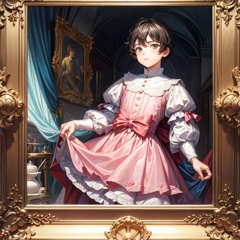 painting of boy, wearing princess dress
