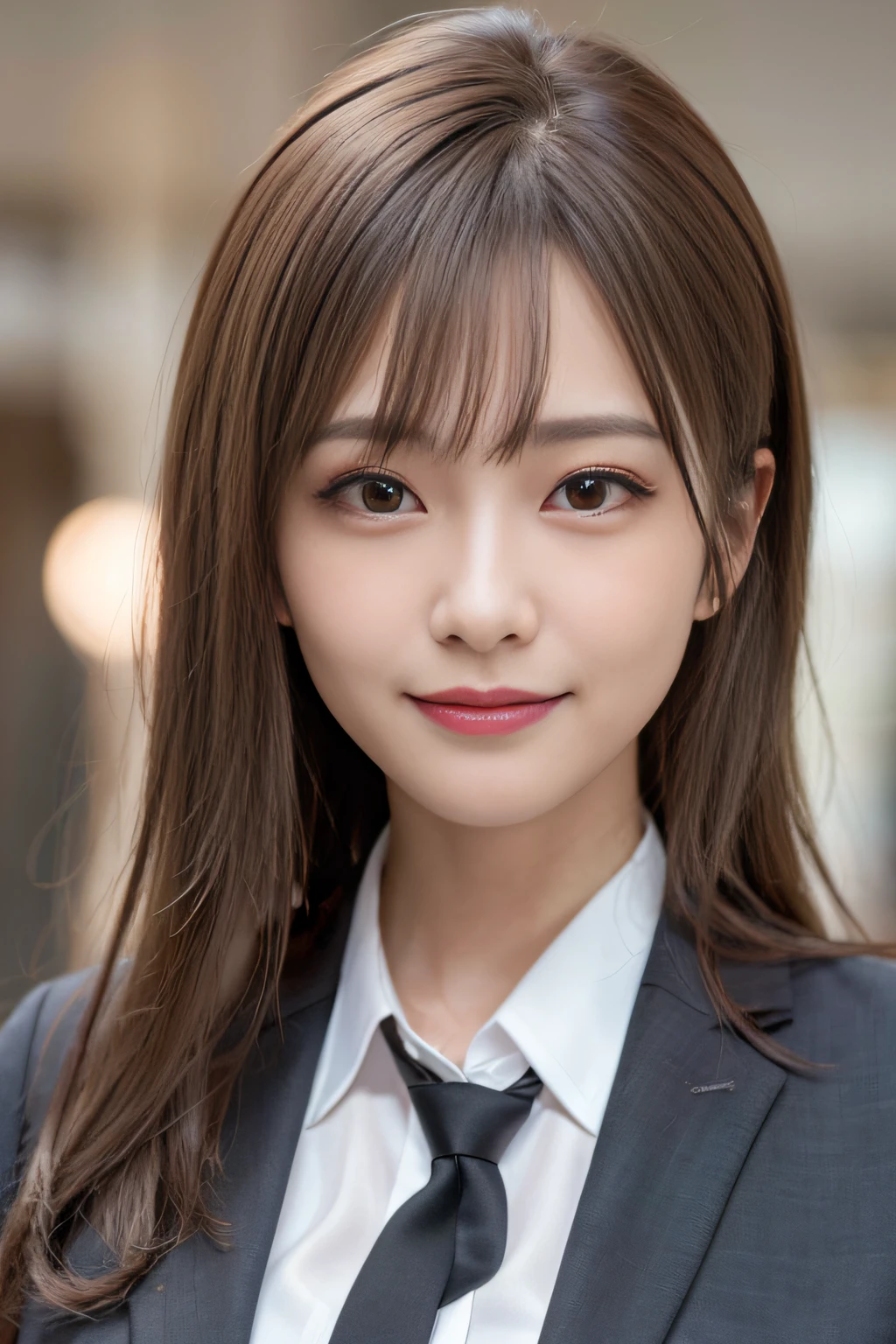 masutepiece, Best Quality, Photorealistic, Ultra-detailed, finely detail, High resolution, 8K Wallpaper, 1 beautiful woman,, light brown messy hair, in a business suit, foco nítido, Perfect dynamic composition, Beautiful detailed eyes, detailed hairs, Detailed realistic skin texture, Smiling, Close-up portrait, Model body type