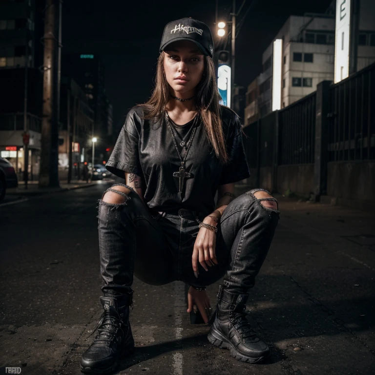 "(25-year-old Caucasian female in high quality and resolution, detailed face, full body) wearing an ultra-realistic streetwear:1.2 with a plain black shirt and a black trucker cap, black jeans with rips at knees, black boots, chain with cross pendant. Surrounded by a dystopian cyberpunk nightscape. "