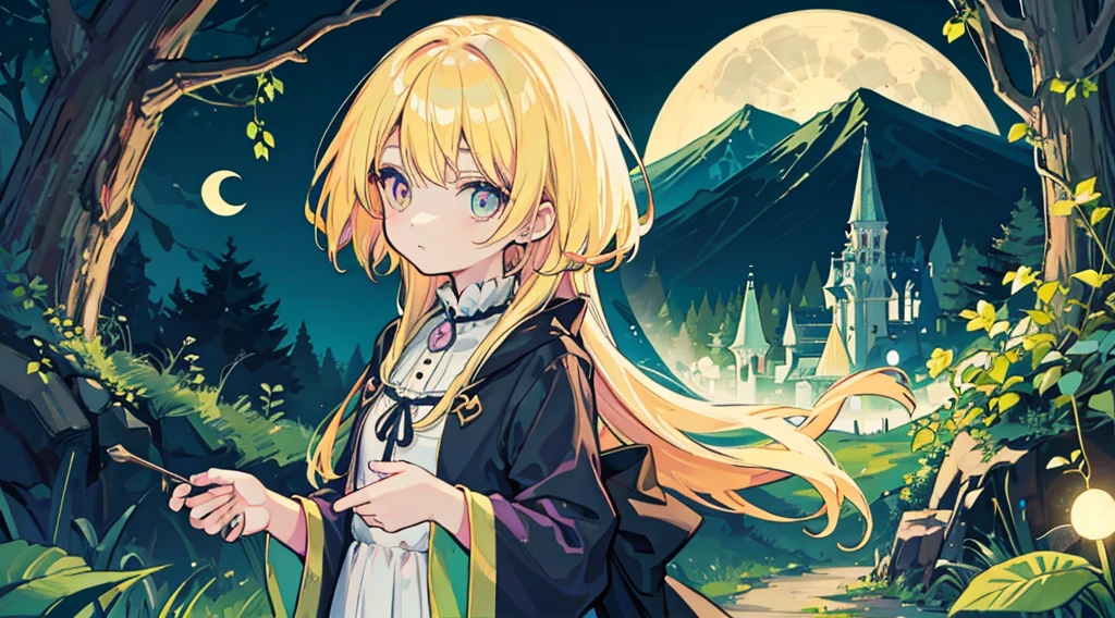 witch girl, blonde hair, odd eye, kawaii, fantastic night forest, moon, colorful glowing plant