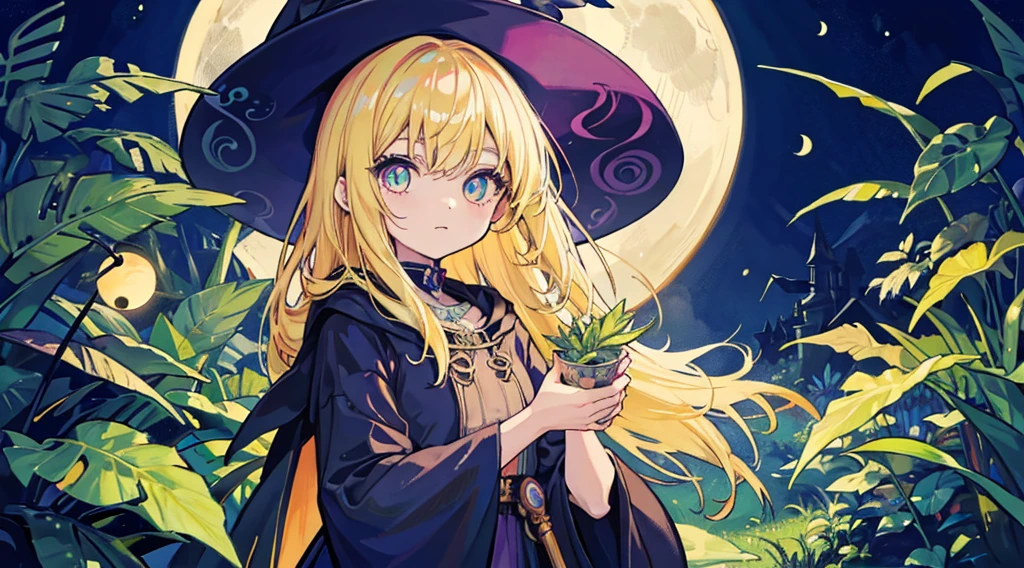 witch girl, blonde hair, odd eye, kawaii, fantastic night forest, moon, colorful glowing plant