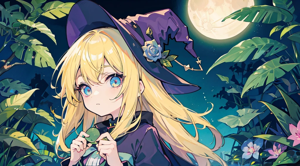 witch girl, blonde hair, odd eye, kawaii, fantastic night forest, moon, colorful glowing plant